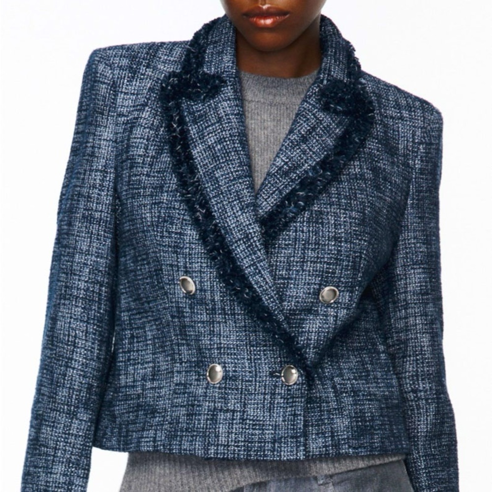Zara NWT Denim Blue Metallic Tweed Blazer Jacket Sz S